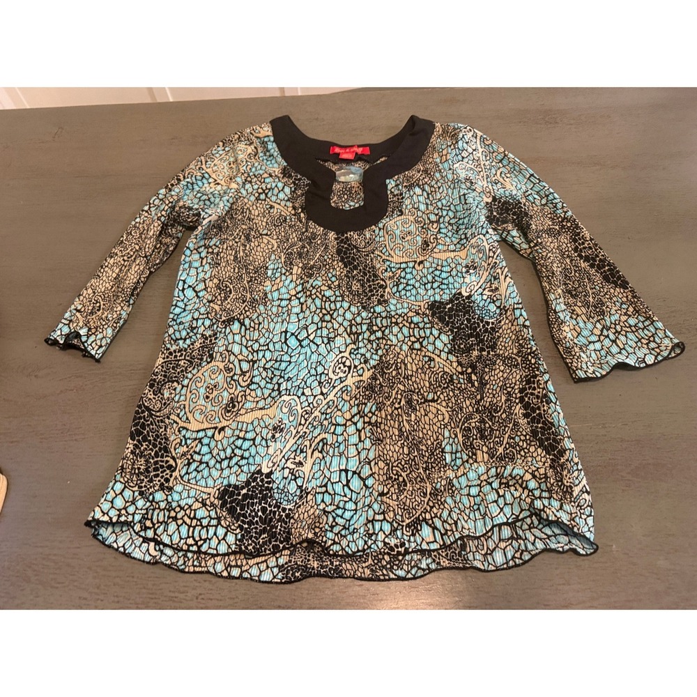 Zoey & Bea Turquoise Abstract Animal Print Pleated Tunic Top Keyhole Medium